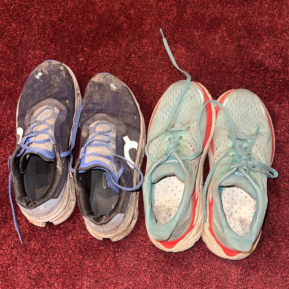 On Cloud Monsters (9.5) and Hoka Cliftons (8)